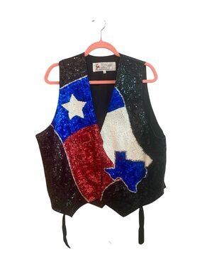 Vintage Texas Sequin Vest XXL Western Rodeo Flag Statement Piece EUC Handmade